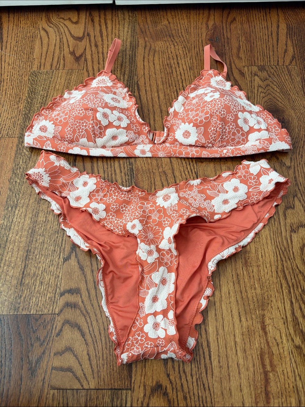 aerie Coral & White Floral Lace Bralette Bikini Set Top XL Bottom Large